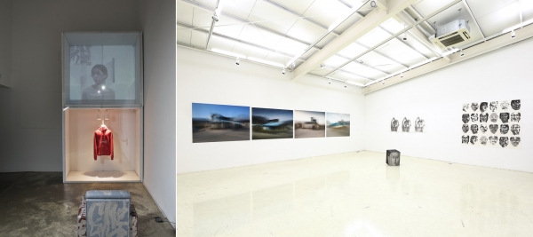 베트멍의 사례를 모티브로 한 박가범 작가의 작품(왼쪽)과 '시작을 끝내라' 전시회의 전경(사진:예술지구_p)