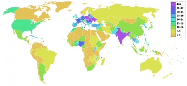 백분율로 표시한 세계의 농지(사진: 위키백과)