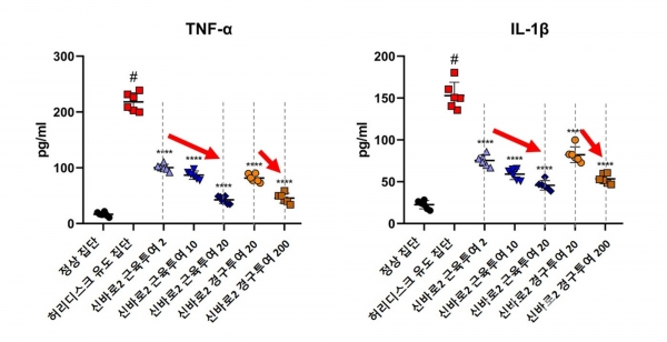 신바로2 약침액 농도가 높아질수록 TNF-α와 IL-1β의 발현량이 유의미하게 감소했다