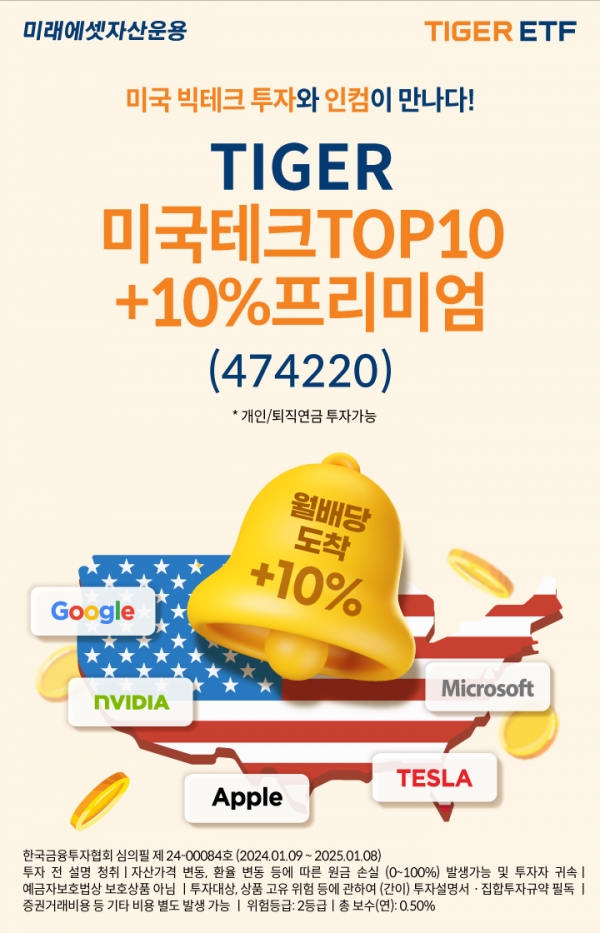 미래에셋, ‘TIGER 미국테크TOP10+10%프리미엄 ETF’ 신규 상장