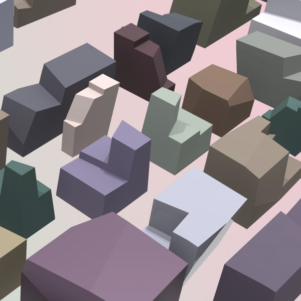 Cityblock(2021)_획일적인 도시의 건물들을 재미있는 상상으로 표현한 작품. 이 작품 역시 다양한 색상변환을 활용하는 작가의 특성이 잘 나타난다.